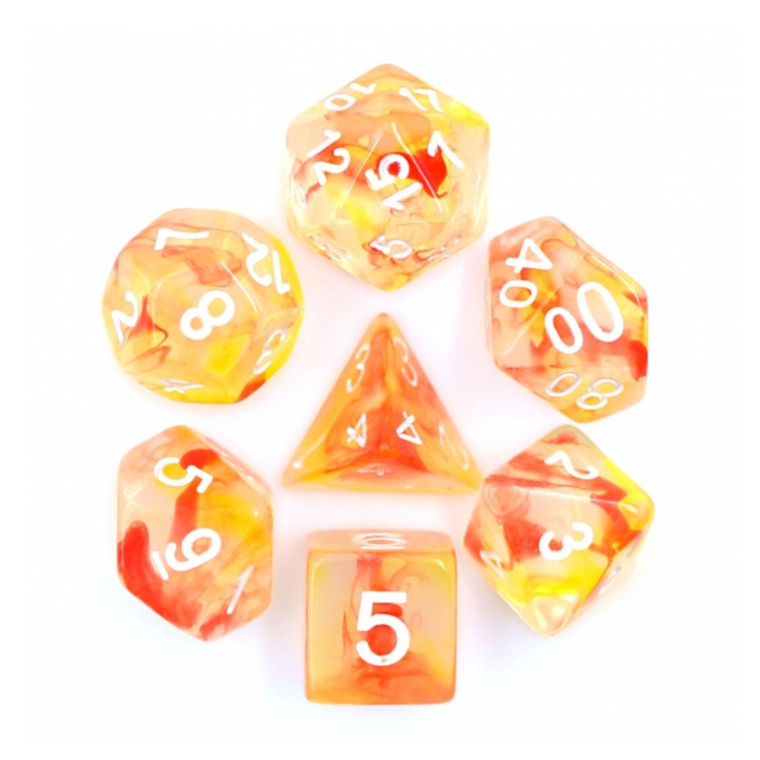 Orange and Red 7 pc Vapor Translucent Dice Set With Swirls